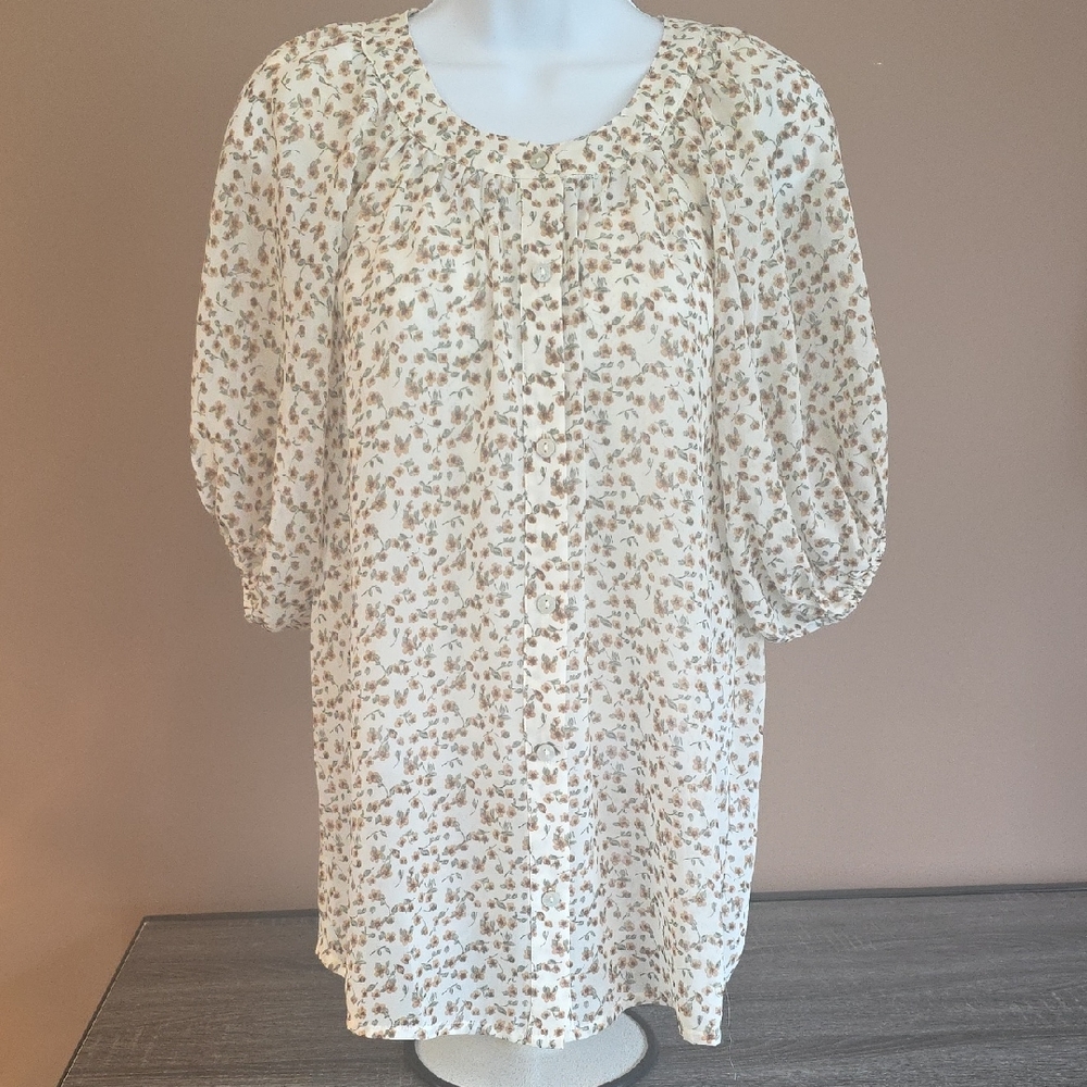 BiBi Cream and Brown Floral Blouse